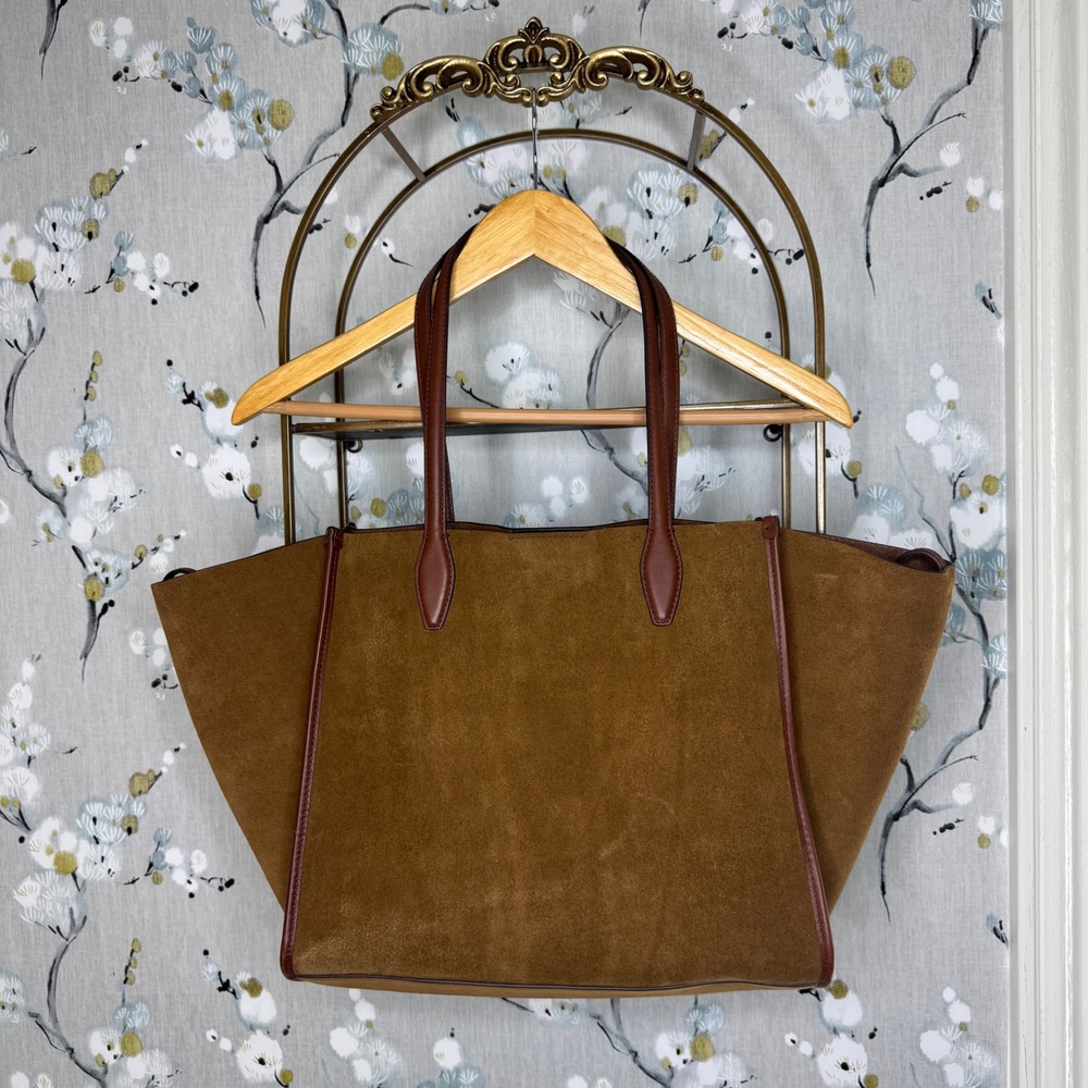 Madewell Sydney Tote Bag Brown Suede Leather Trim Large Winged Carryall